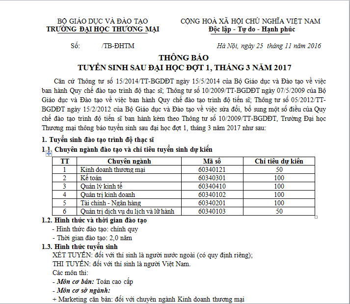 THÔNG BÁO TUYỂN SINH SAU ĐẠI HỌC ĐỢT 1, THÁNG 3 NĂM 2017